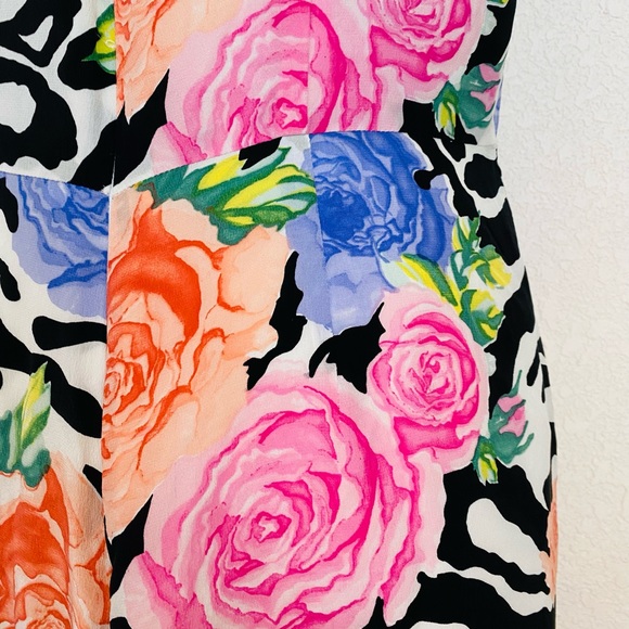 Vintage 90s Maxi Sleeveless Silk Black and White Colorful Floral Pattern Dress - Picture 14 of 16